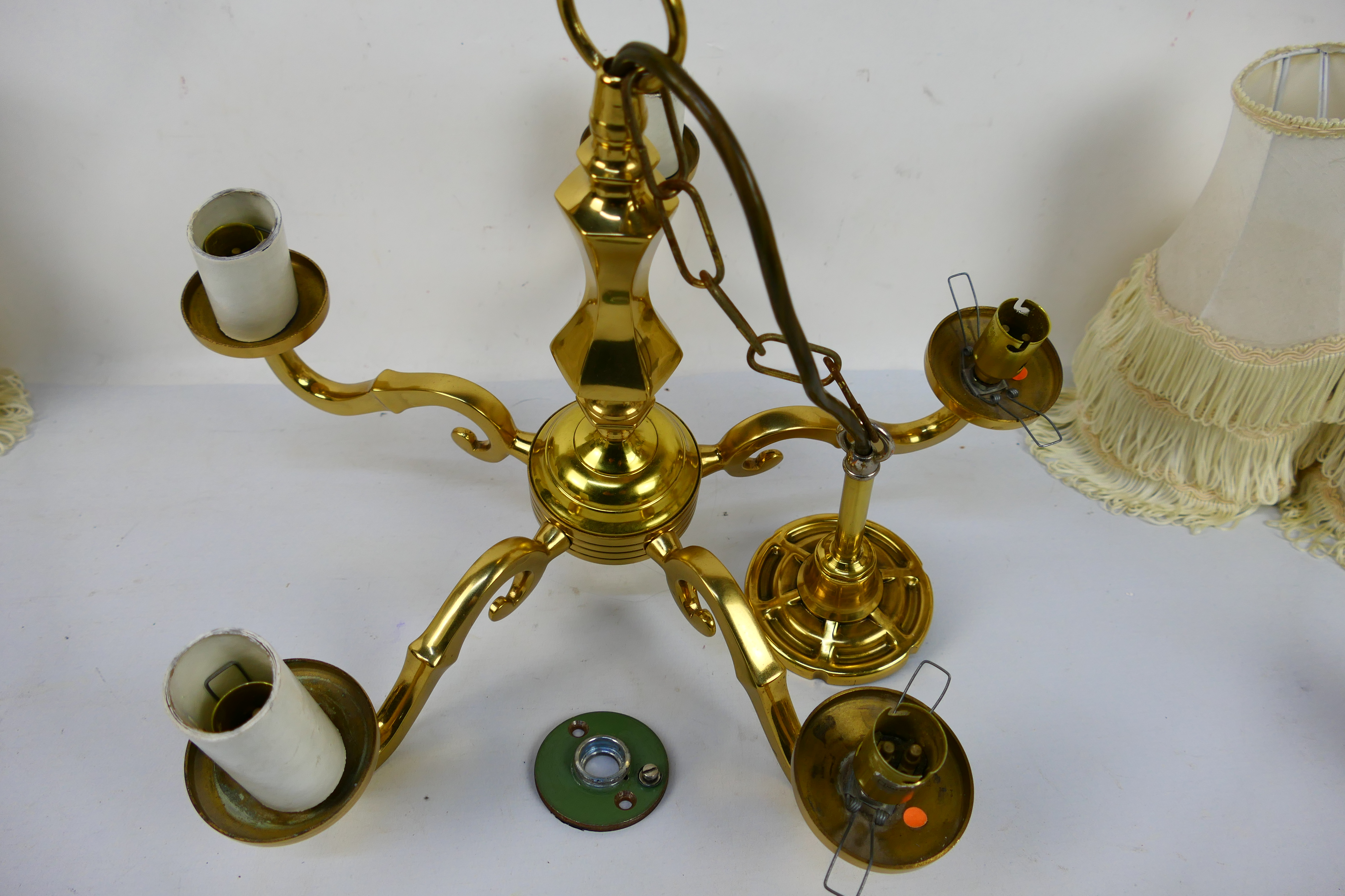 Home lighting to include a five branch brass ceiling light and three boxed wall lights. [4]. - Image 2 of 5