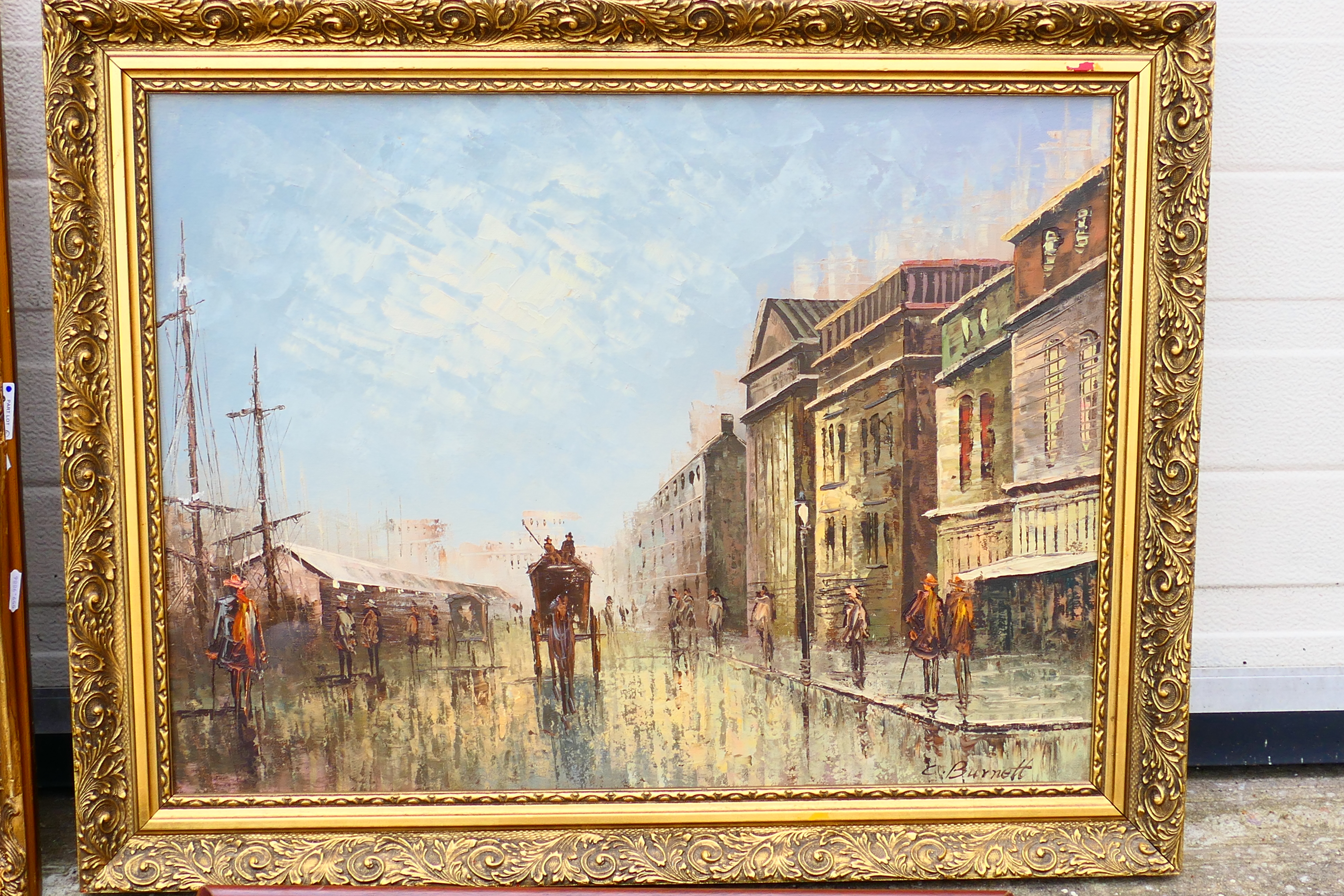 Four framed oils on canvas to include a Parisian street scene signed C Burnett, - Image 4 of 9