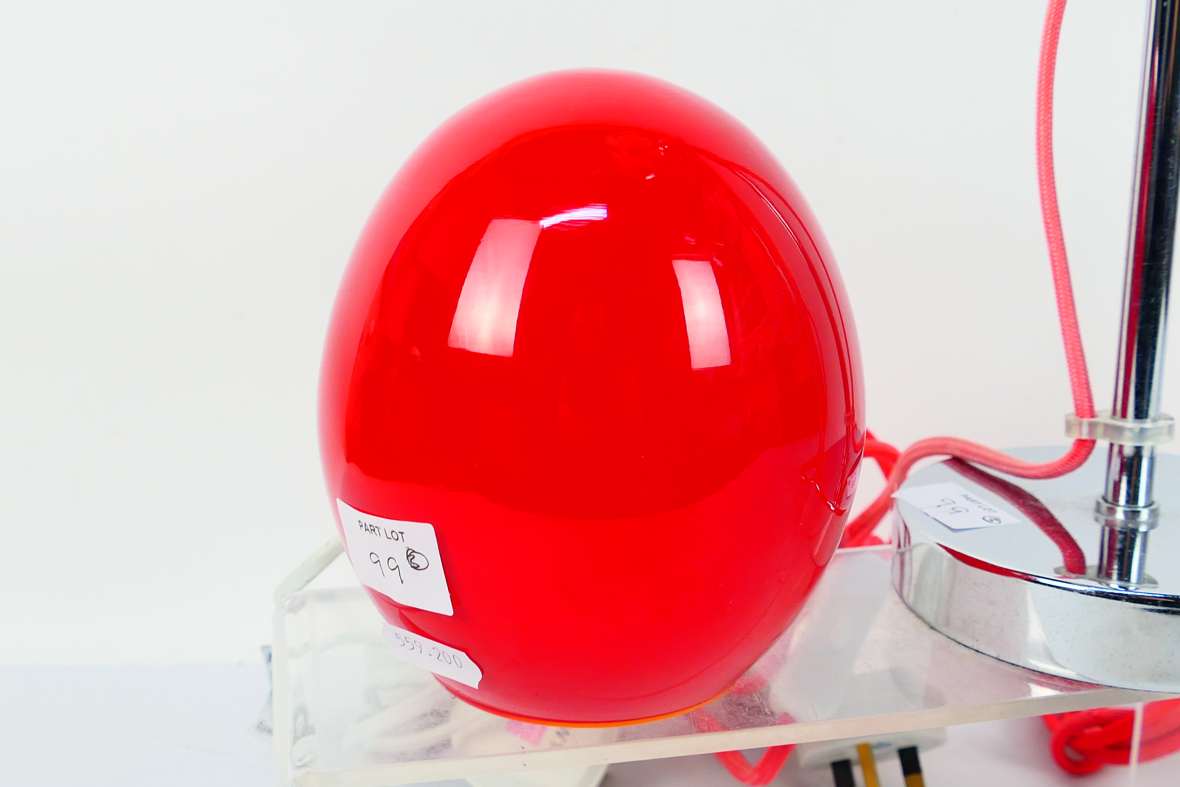 A matched pair of contemporary chrome table lamps 40 cm ( h) and a modern red glass dome light 15 - Image 2 of 6