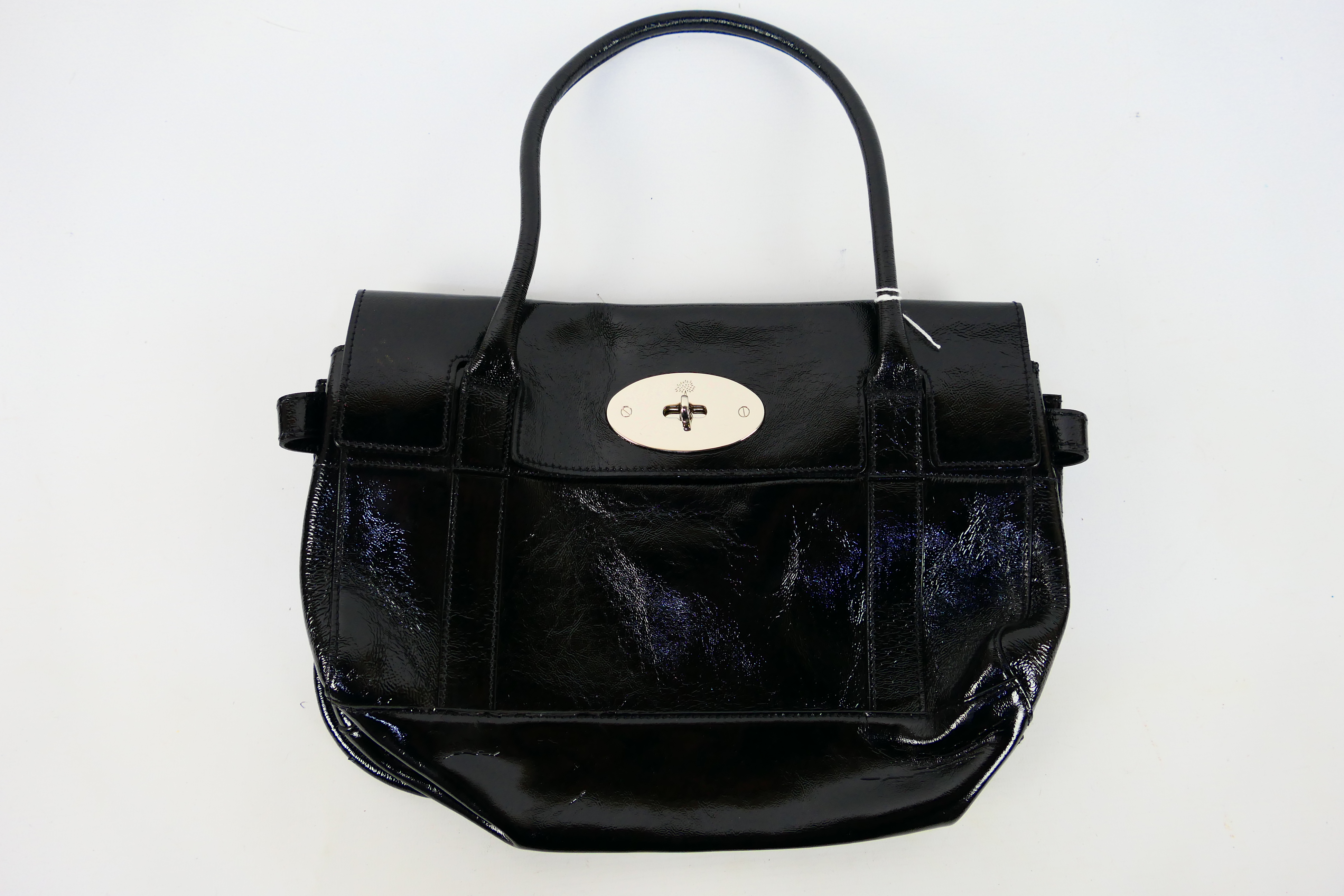 Mulberry - a black patent leather Mulberry handbag, labelled with markers,