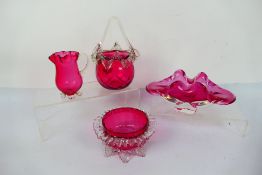 Cranberry Glass - a cranberry glass globular bowl with handle and clear glass frilled decorated to