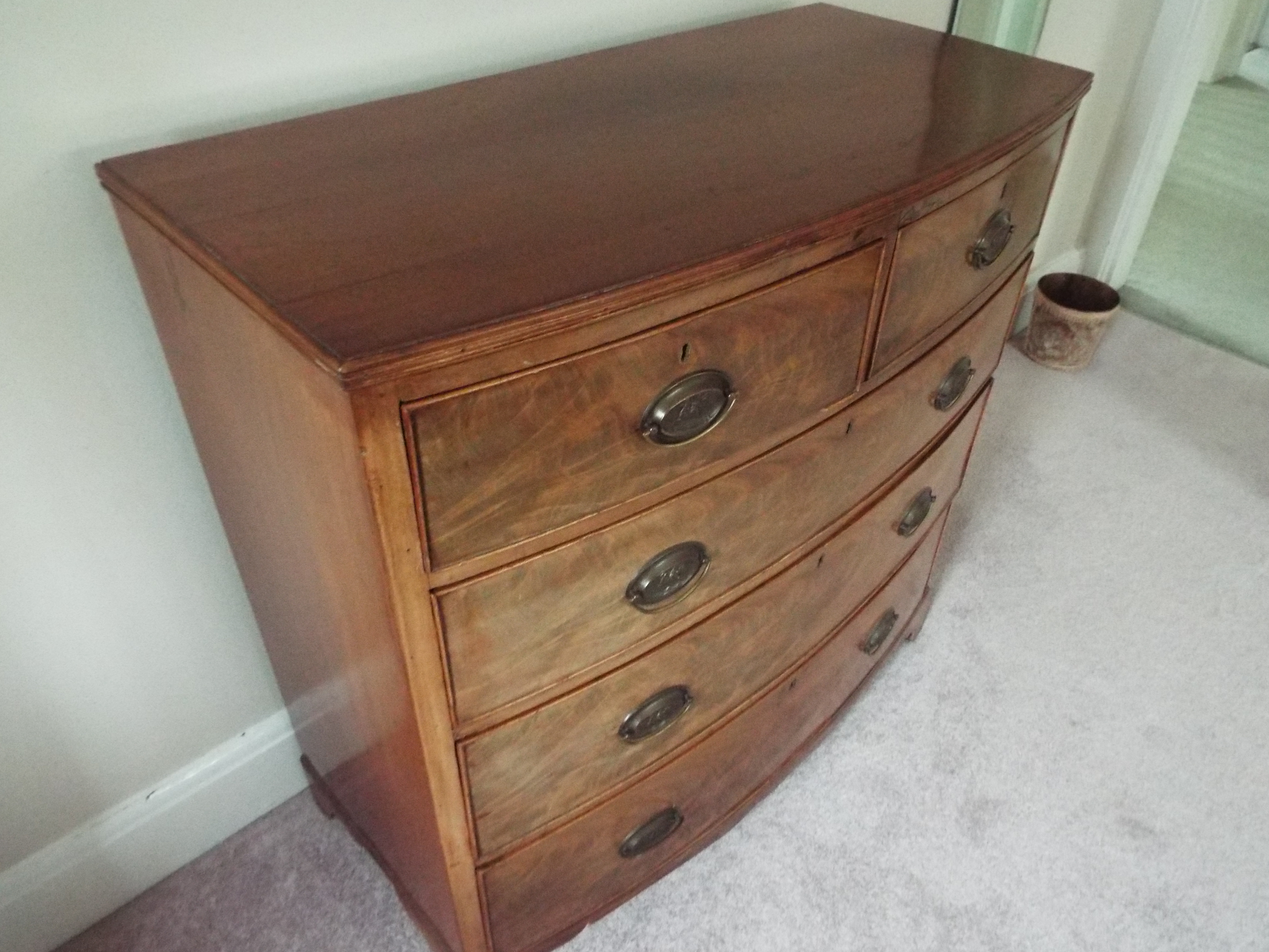 A Victorian bow fronted chest of two over three drawers with brass drop handles, - Image 2 of 4