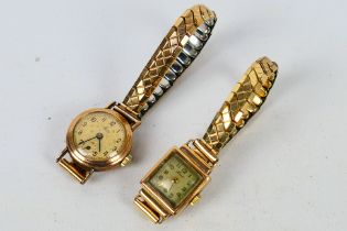 Two 9ct gold cased lady's wrist watches one on rolled gold expanding bracelet.
