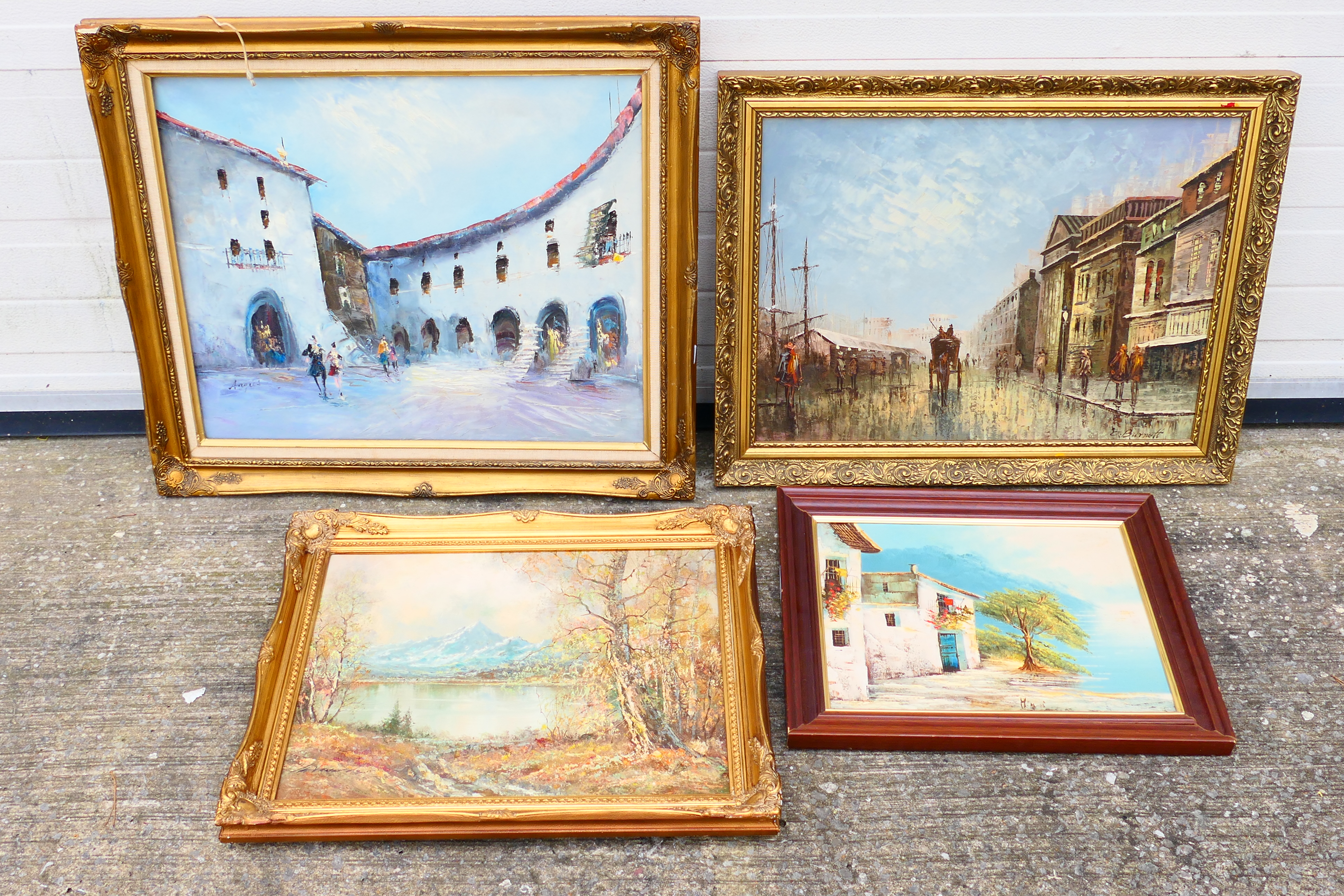 Four framed oils on canvas to include a Parisian street scene signed C Burnett,