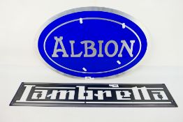 Advertising signs to include Lambretta and Albion, largest 81 cm (l). [2].