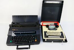 A Sharp PA-3100S portable electric typewriter and a Petite portable typewriter. [2].