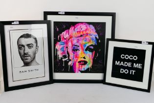 Three framed pictures comprising a pop art style print on canvas depicting Marilyn Monroe,