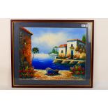 An oil of canvas depicting a Greek coastal scene, mounted and framed under glass,