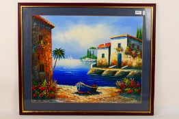 An oil of canvas depicting a Greek coastal scene, mounted and framed under glass,