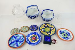 Mixed ceramics and glassware to include two Moyses Stevens blue and white flower baskets,