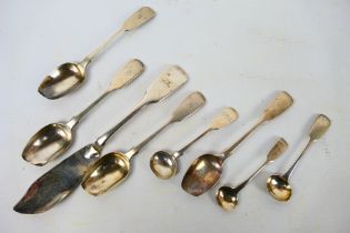 Georgian and later silver flatware to include fish server, condiment spoons and other,
