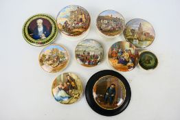 A collection of Prattware pots and lids to include The Travellers rest, On Guard, Hide And Seek,