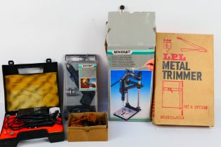 Tools to include a metal trimmer, Minicraft Precision Drill and stand and similar.