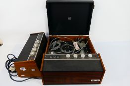 Vintage audio equipment to include a HMV portable turntable. [2].