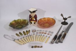 Lot to include a vintage carving set, carnival glass, Dartmoor Toby jug,