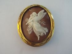 A Cameo brooch stamped ORR 15C, 6.5 cm x 5.5 cm, with safety chain, approx 34.