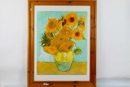 A framed print after Vincent Van Gogh, Sunflowers, approximately 67 cm x 53 cm image size.
