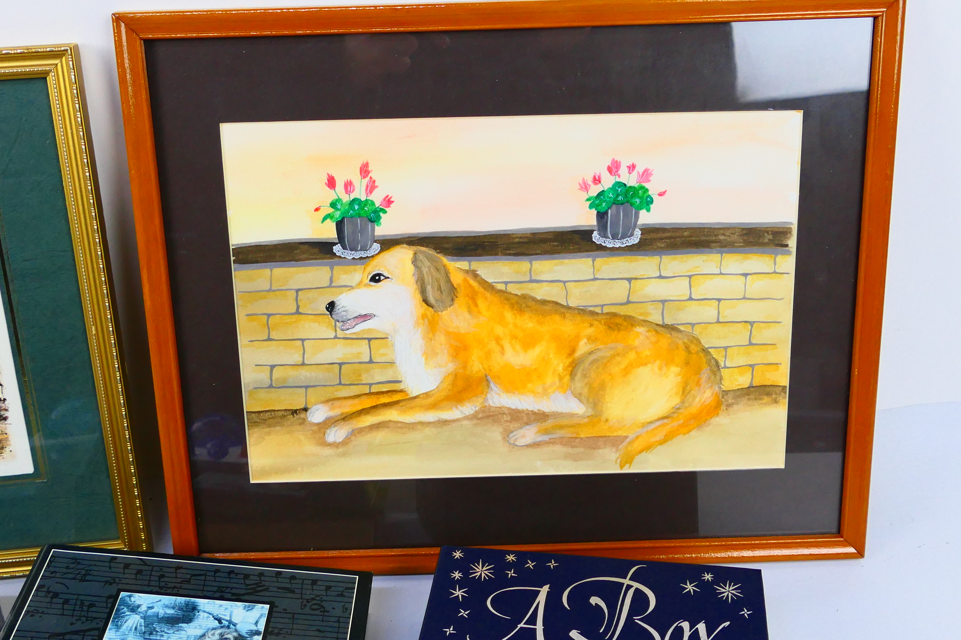 A gouache on paper study of a recumbent dog, framed print, glass watering spheres and other. - Image 3 of 4