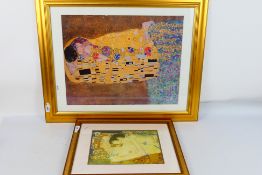 Two framed prints after Gustav Klimt comprising The Kiss and The Three Ages Of Woman (Detail),