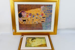 Two framed prints after Gustav Klimt comprising The Kiss and The Three Ages Of Woman (Detail),