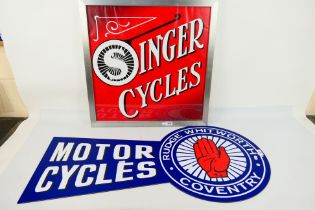 Advertising pieces to include a framed Singer Cycles poster and a Rudge Whitworth sign, 92 cm (l).