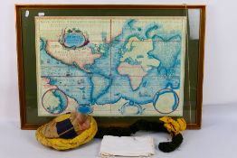 Lot to include a framed reproduction map 53 cm x 79 cm, vintage linen and other. [3].