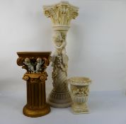 Two jardiniere stands, largest approximately 90 cm (h) and a decorative urn. [3].