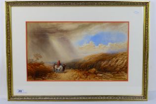 Charles McArthur - A watercolour landscape scene depicting travellers on a country road beneath a