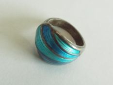 David Andersen - a Norwegian modernist sterling silver and blue enamel ring, size L,