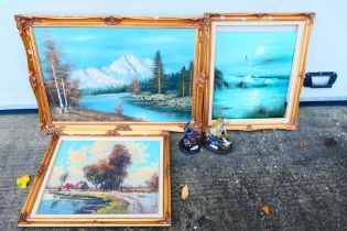 Three gilt framed oil on canvas landscape scenes,