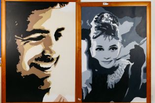 A large acrylic on canvas picture depicting Audrey Hepburn and one similar George Clooney on board,