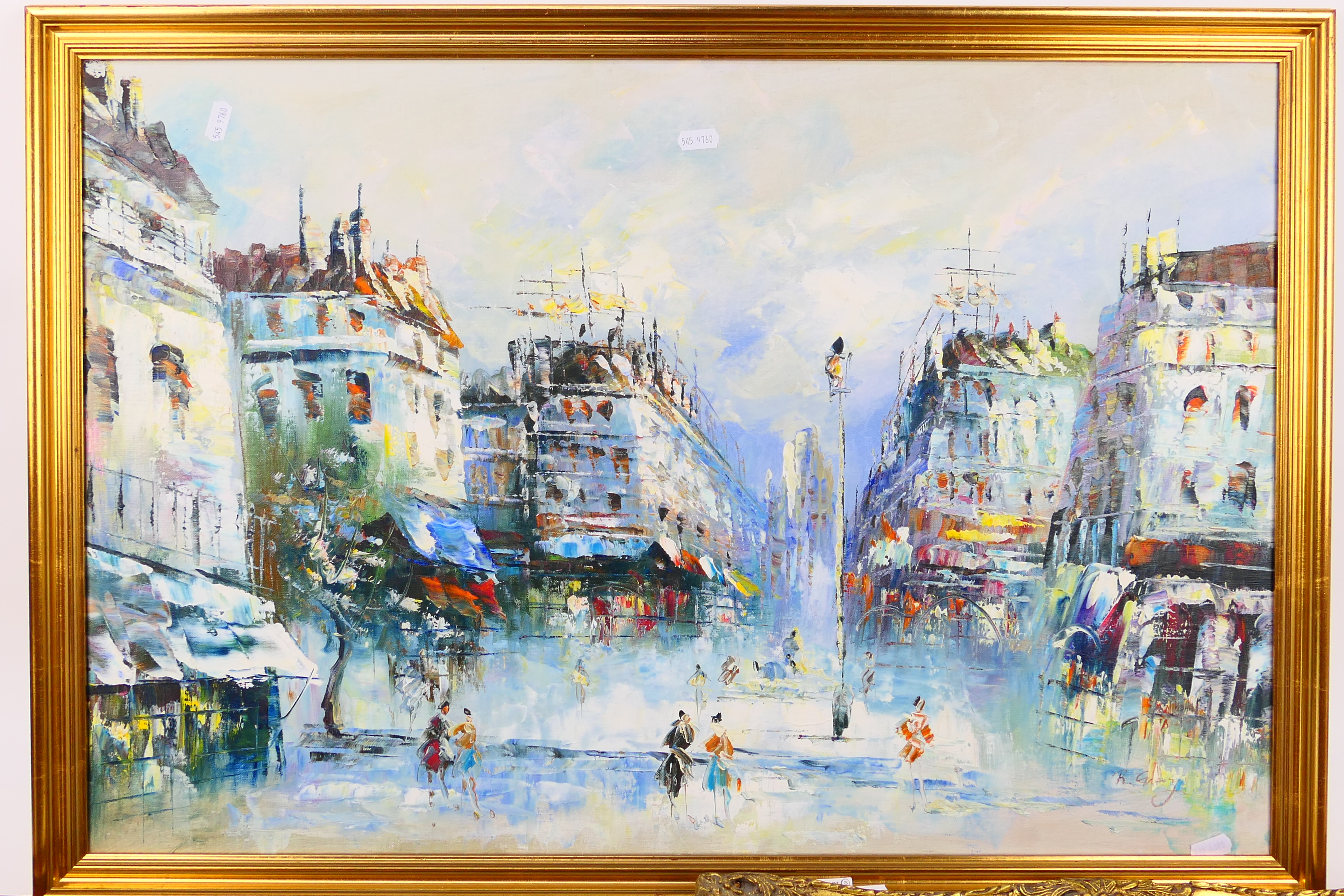 A large oil on canvas continental street scene, signed lower right, - Image 3 of 7