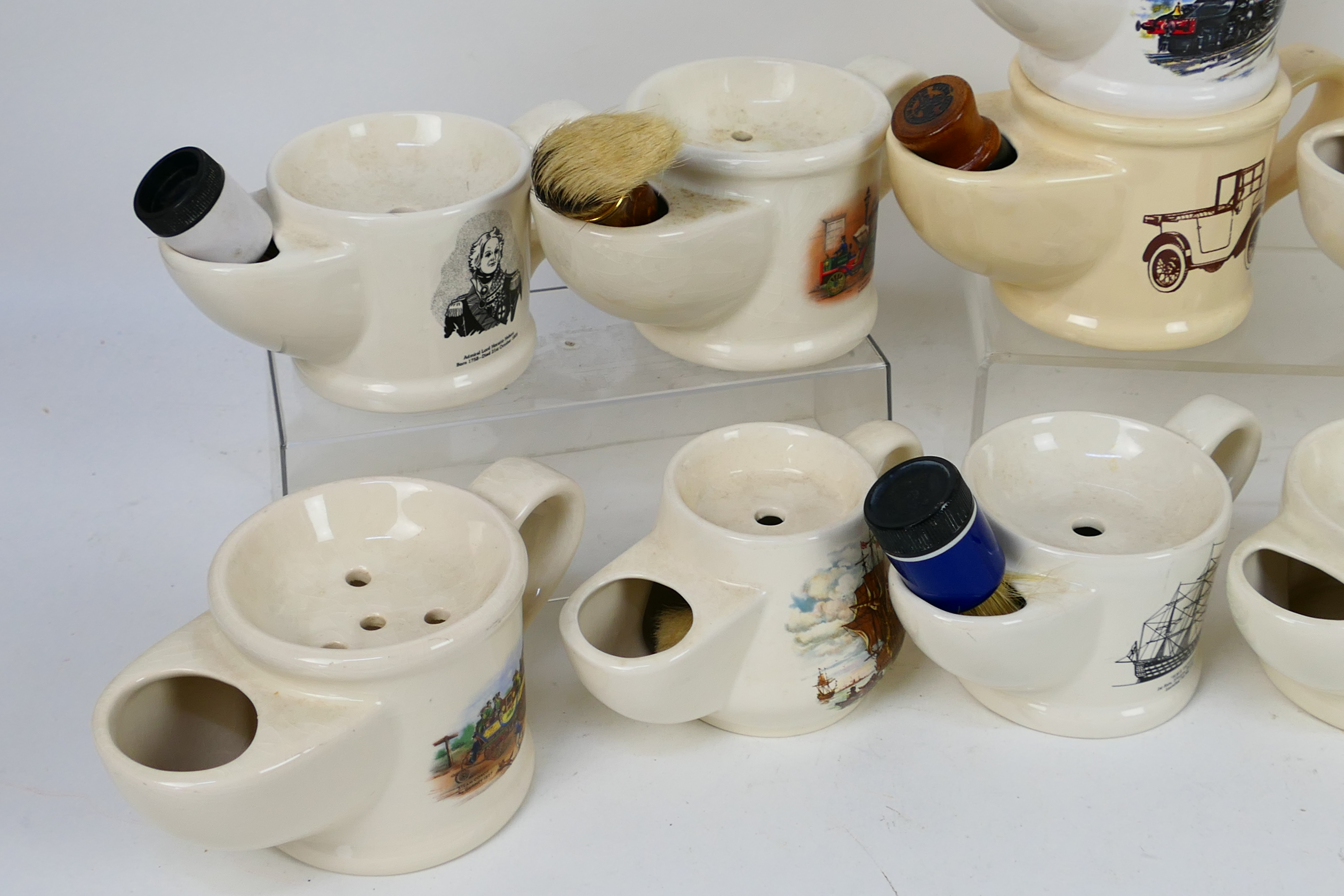A collection of vintage shaving mugs, predominantly Wade, with images of trains, ships, - Image 3 of 4