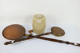 A stoneware spirit barrel by Pearsons of Chesterfield, 29 cm (h) and two warming pans. [3].