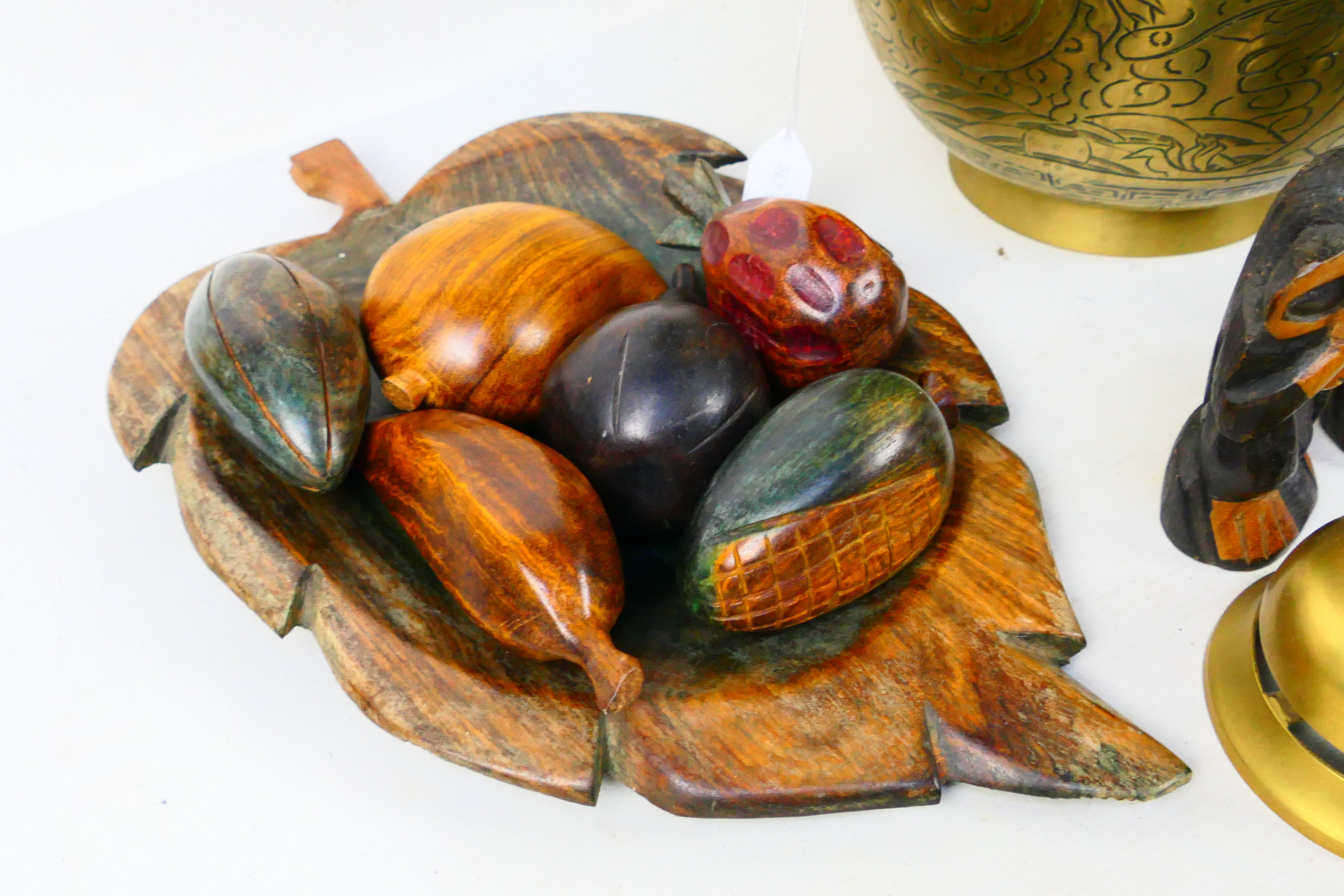 Brassware and treen to include brass counter top bell, carved wood fruits, - Image 5 of 5