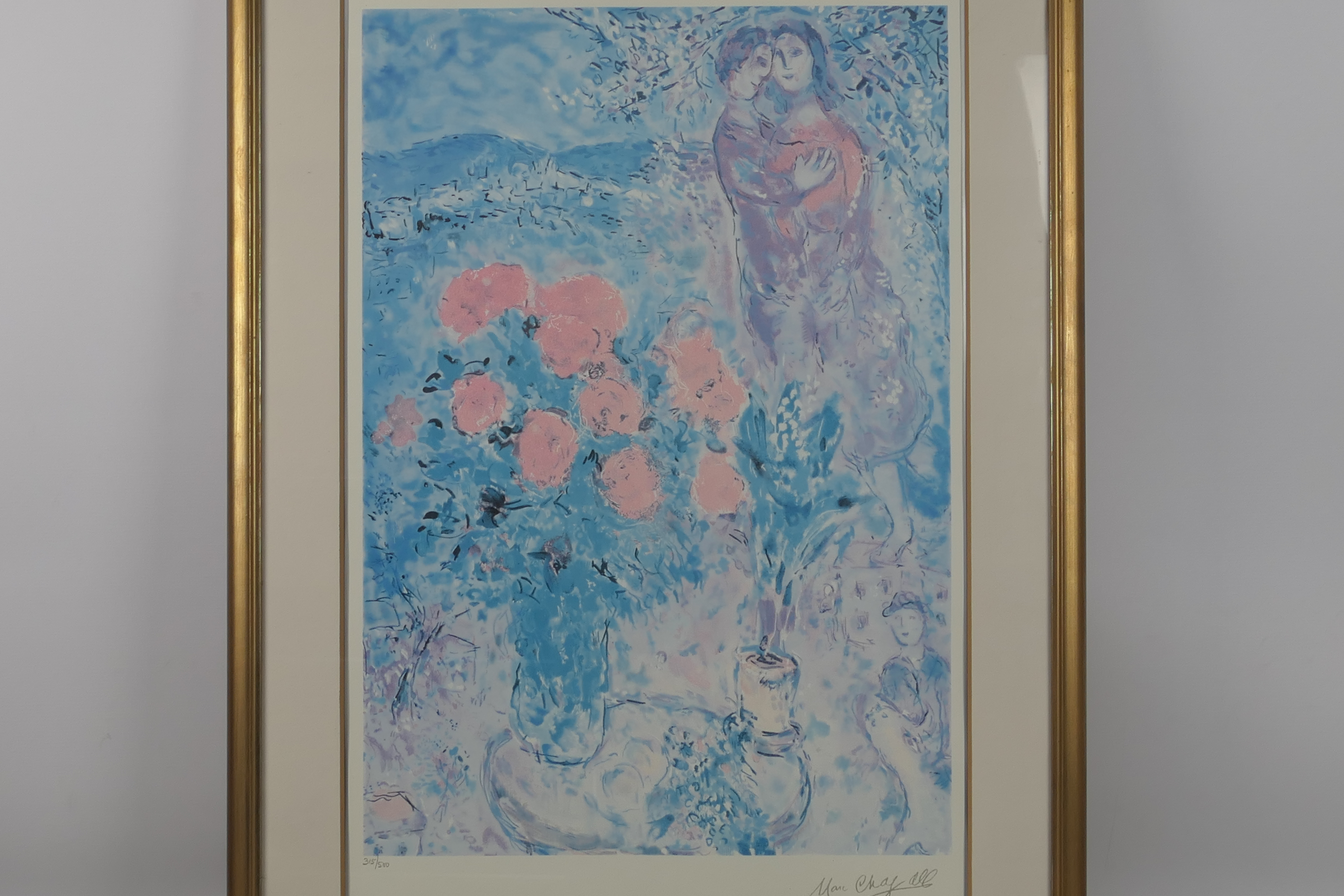 A limited edition print after Marc Chagall entitled Red Bouquet With Lovers, numbered 315/500, - Image 6 of 6