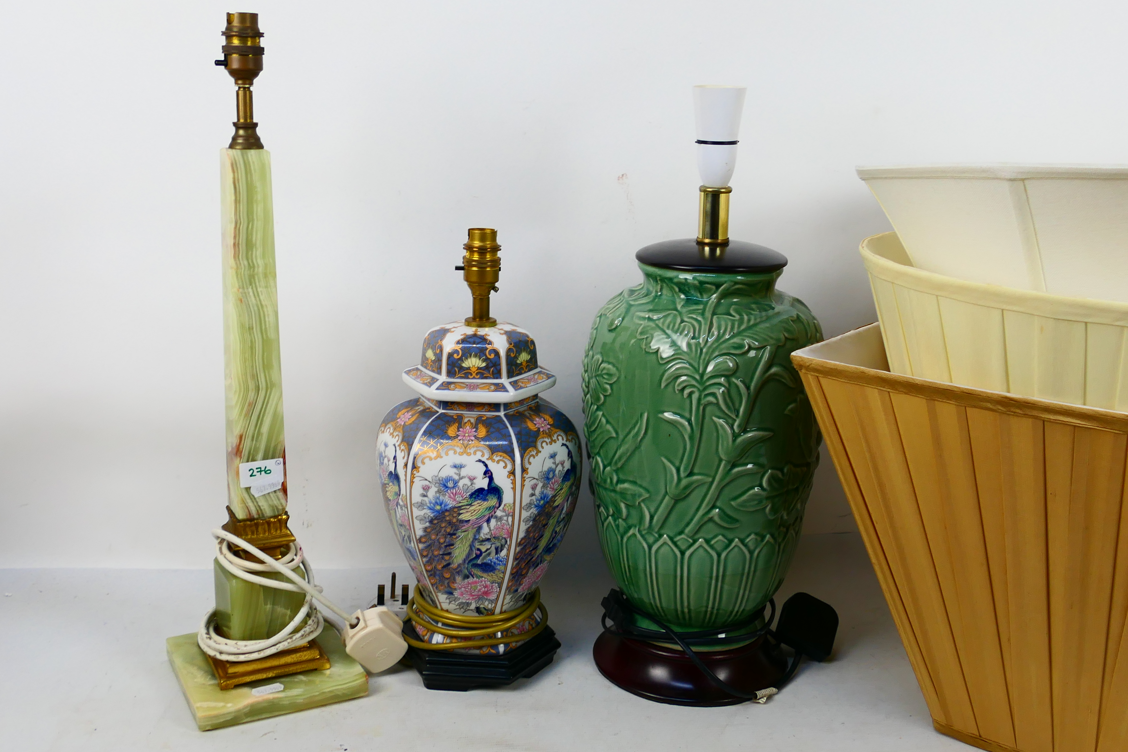 Three table lamps and shades to include a tall green onyx and brass example. - Image 2 of 6