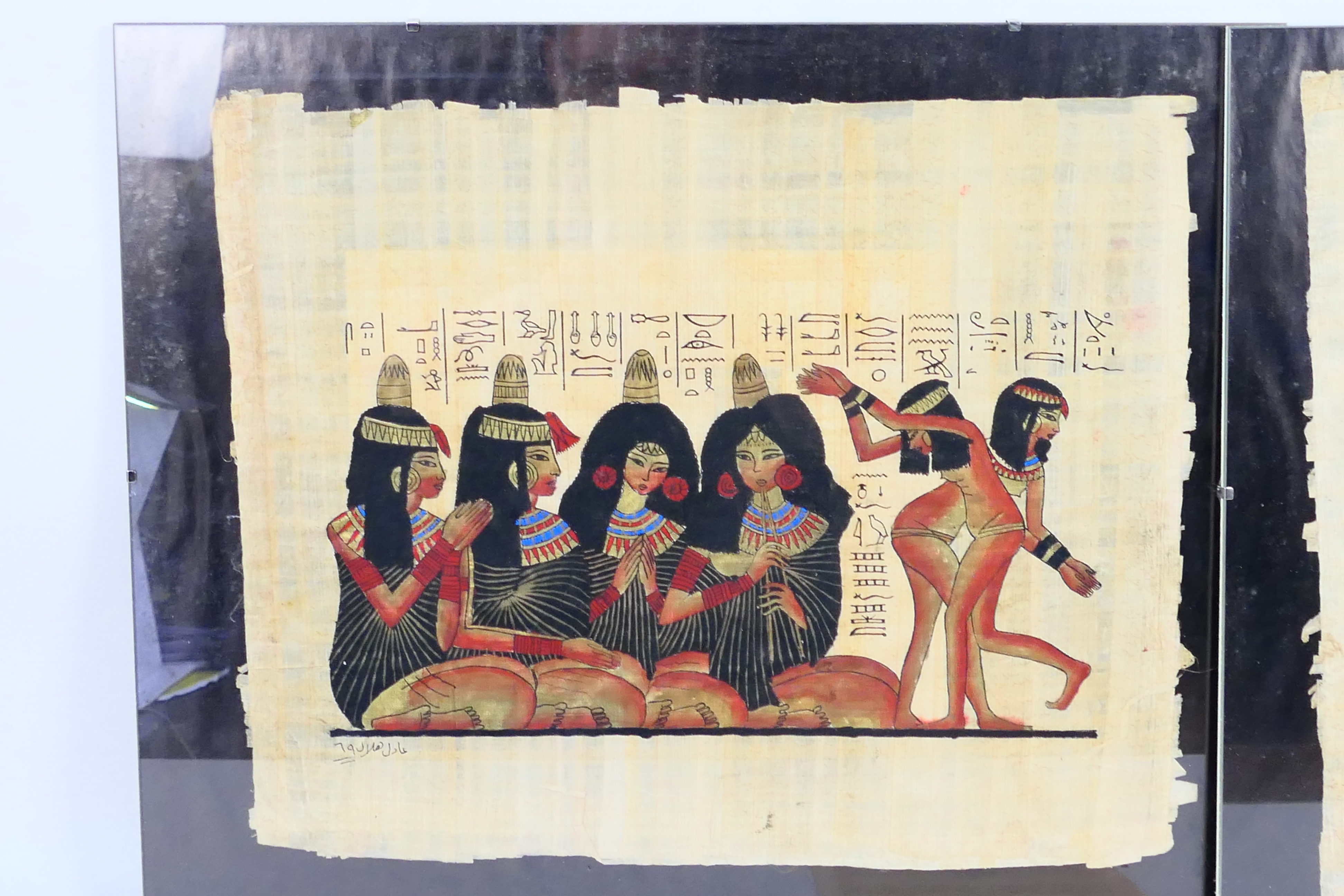 Two Egyptian paintings on papyrus, approximately 38 cm x 43 cm, housed in clip frames. [2]. - Image 2 of 4