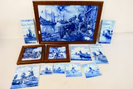 A quantity of Delft and Delft style tiles including six examples framed to form a harbour scene,