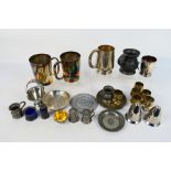 A collection of silver plate and pewter to include a Norwegian basket, a small silver gilt bowl,