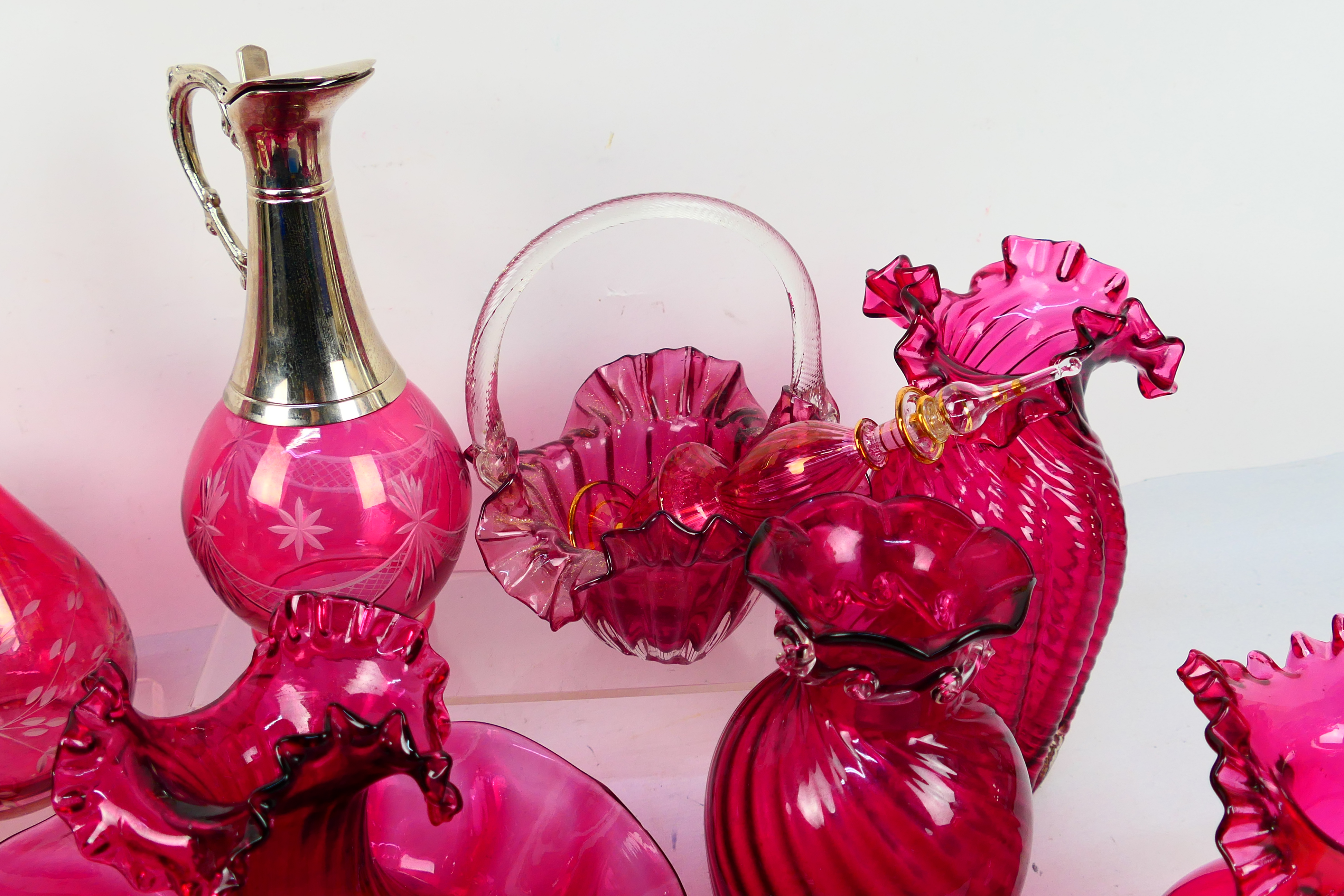 A collection of various cranberry glass pieces to include vases, decanters, bowl and similar, - Image 3 of 6