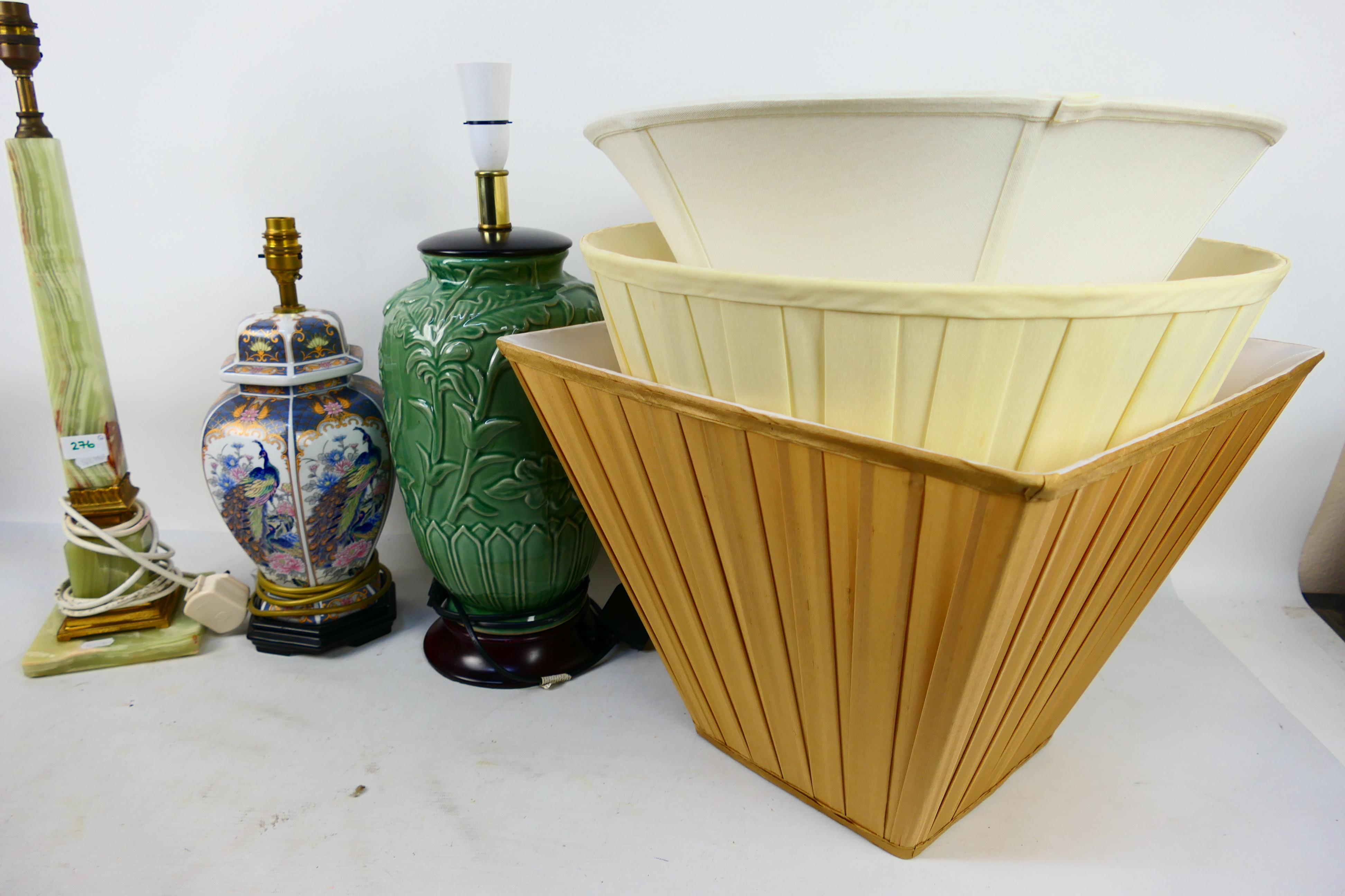 Three table lamps and shades to include a tall green onyx and brass example. - Image 6 of 6