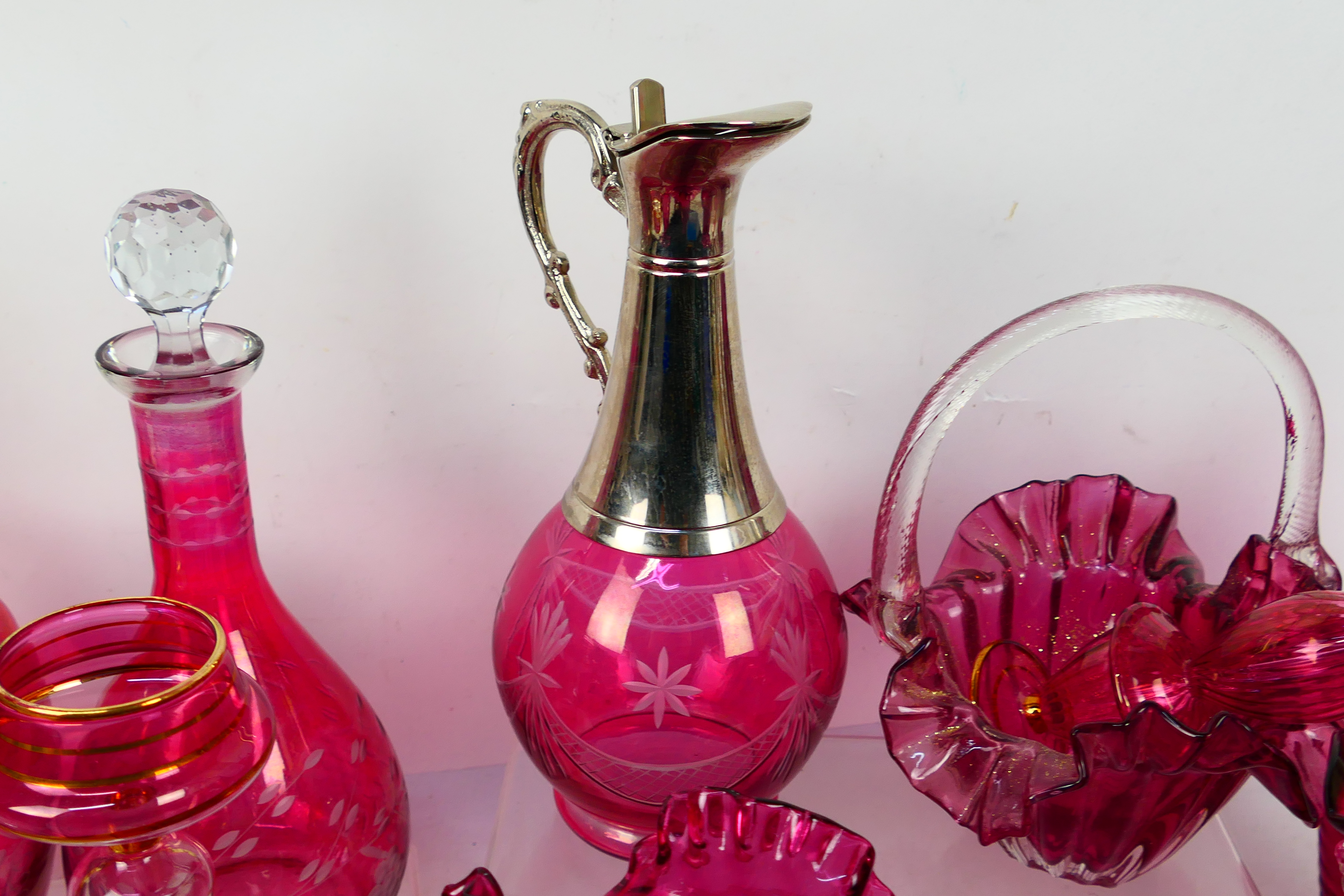 A collection of various cranberry glass pieces to include vases, decanters, bowl and similar, - Image 6 of 6