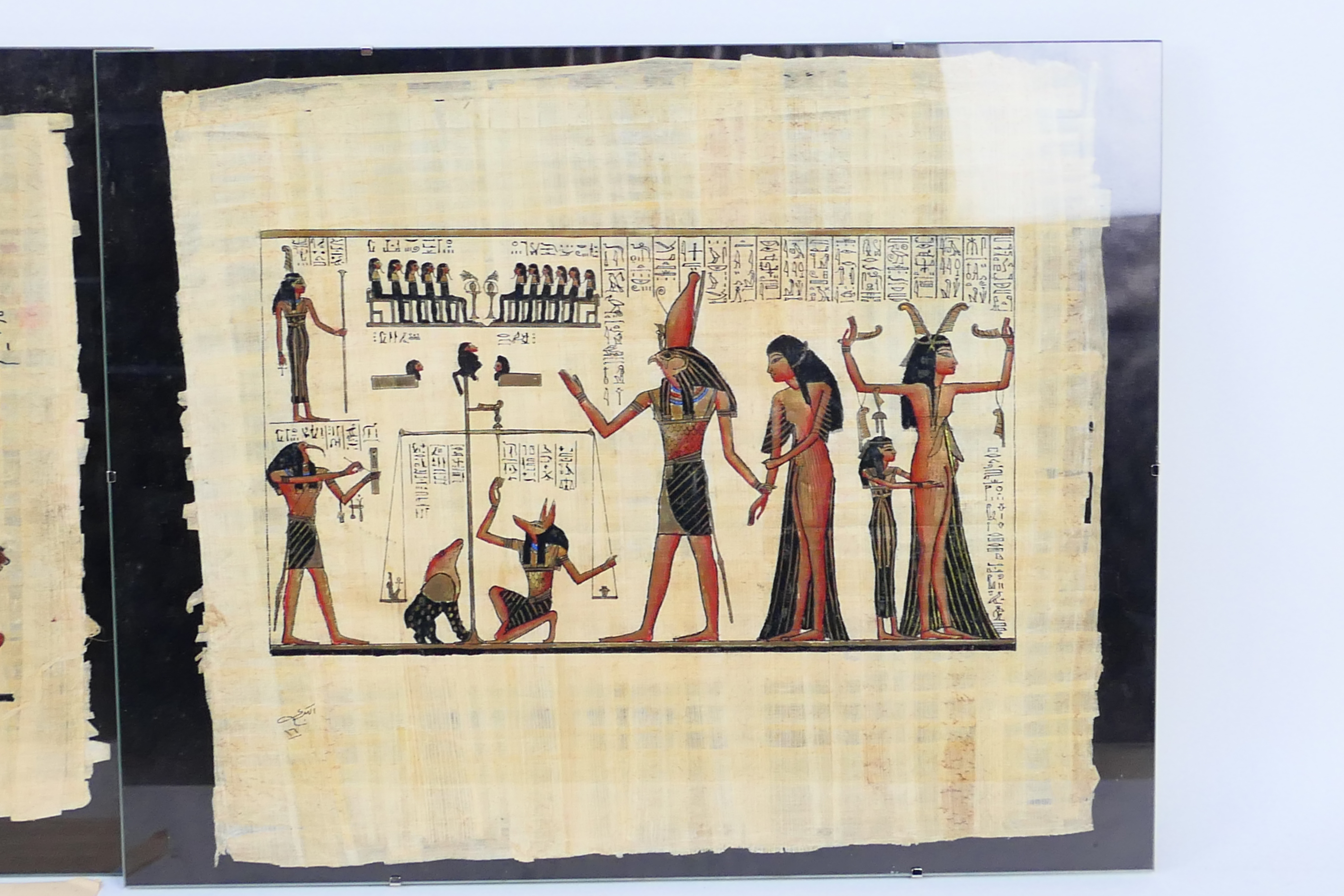 Two Egyptian paintings on papyrus, approximately 38 cm x 43 cm, housed in clip frames. [2]. - Image 3 of 4