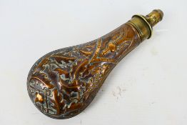 A 19th century copper and brass powder flask by G & J W Hawksley,