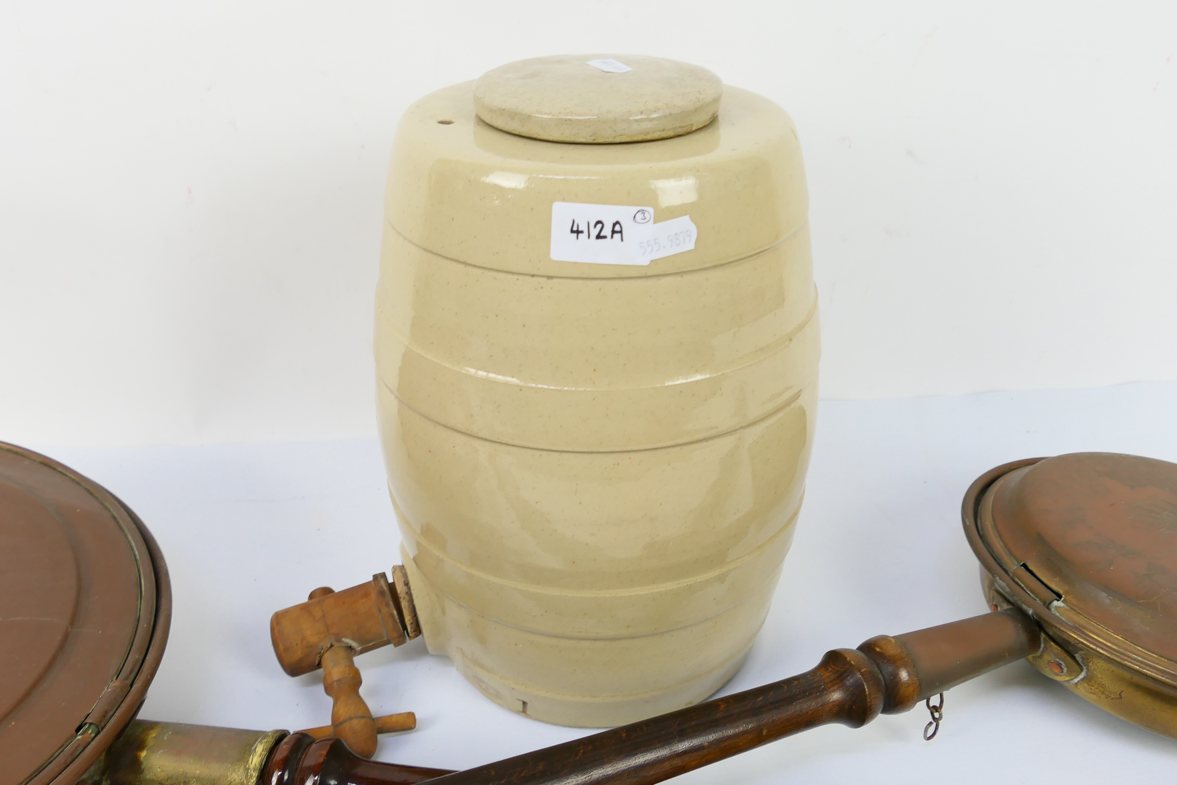 A stoneware spirit barrel by Pearsons of Chesterfield, 29 cm (h) and two warming pans. [3]. - Image 4 of 4