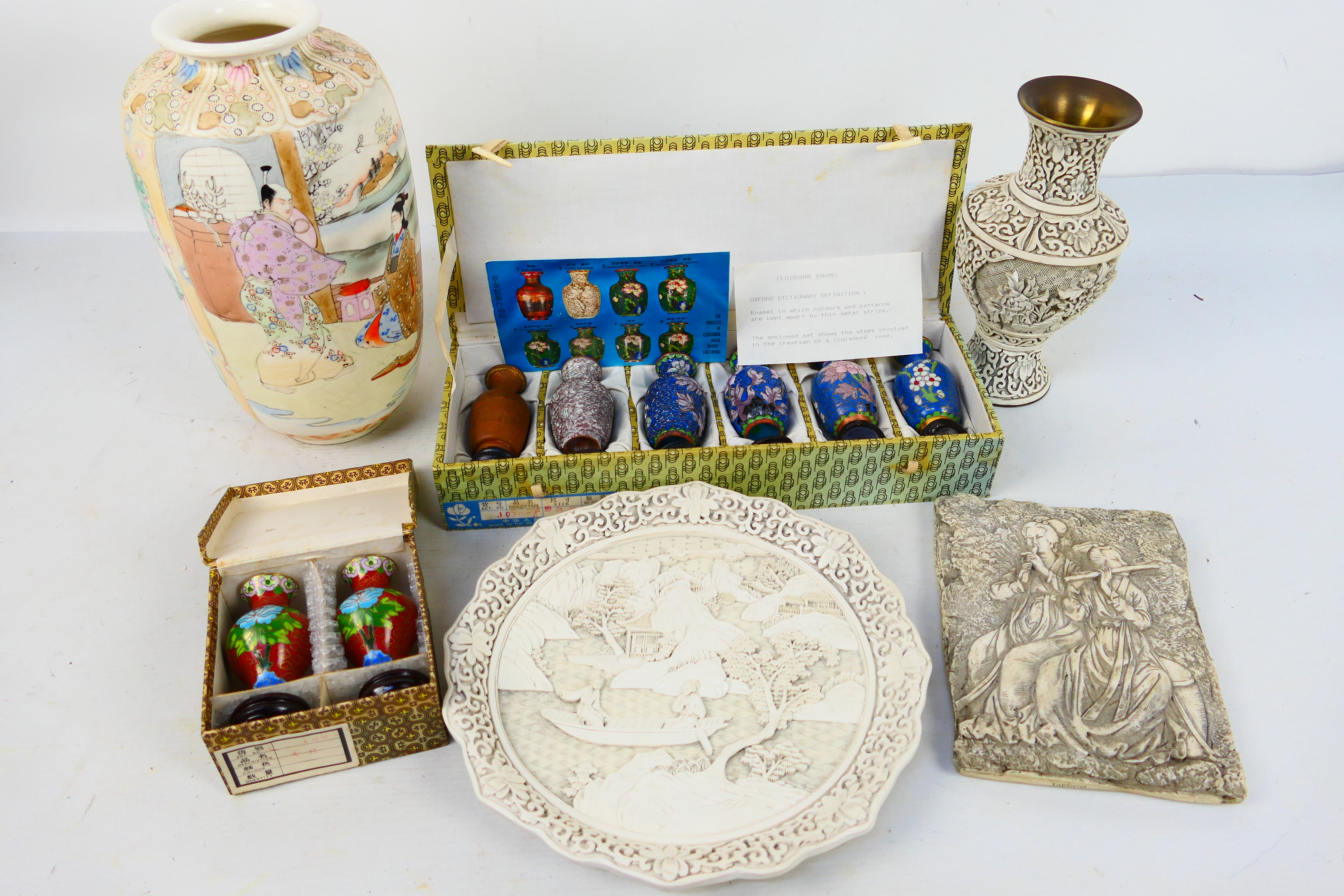 Lot to include two small cloisonne vases and stand,