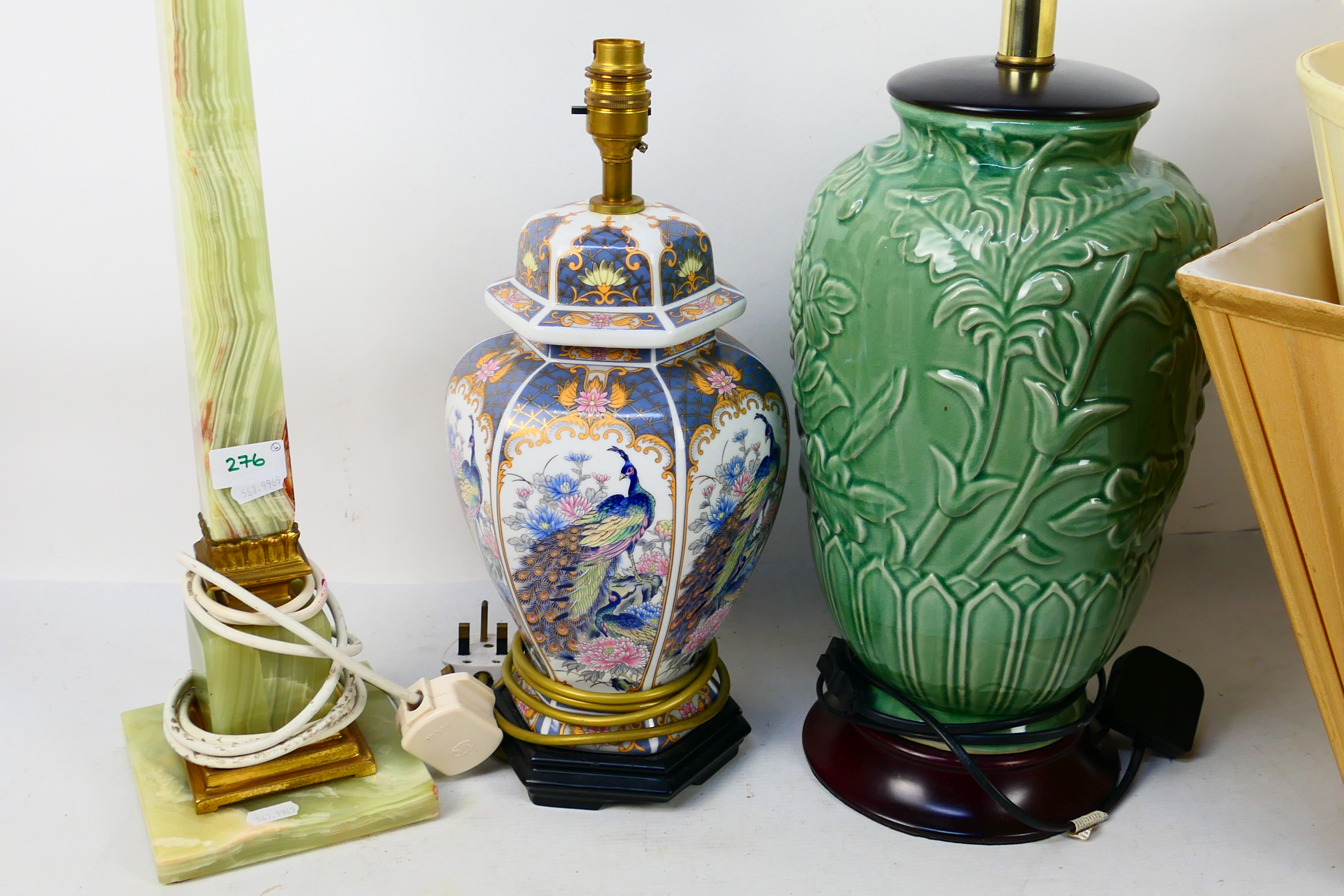 Three table lamps and shades to include a tall green onyx and brass example. - Image 3 of 6