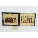 Two Egyptian paintings on papyrus, approximately 38 cm x 43 cm, housed in clip frames. [2].