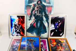 A collection of framed pictures to include Manga, Star Wars,